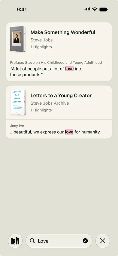 Readmate search screen for finding books and saved highlights